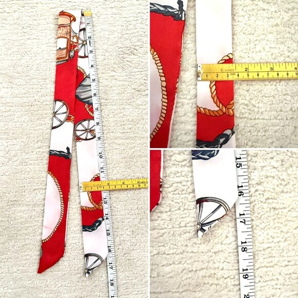 Silk Slim Scarf Red Carriage and Rope Print 35 x 1.5 Inches Equestrian Chic No17 - Picture 5 of 11